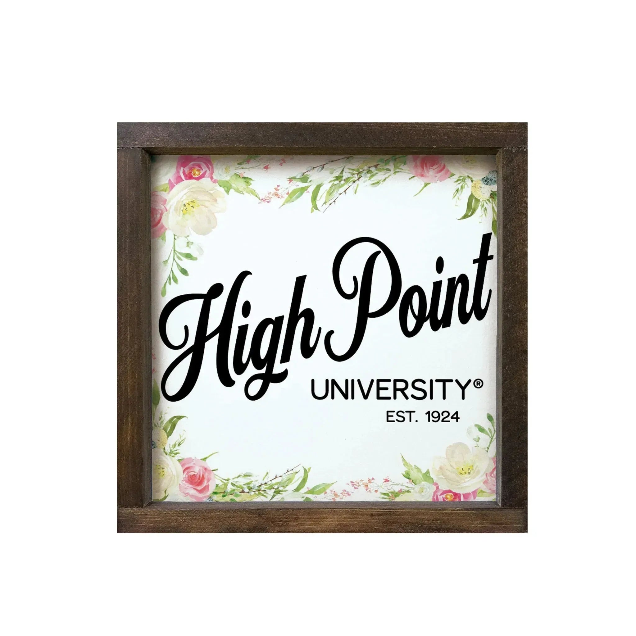 High Point University 12x12 Floral Wood Framed Sign Walnut Stain Wall Art & Signs
