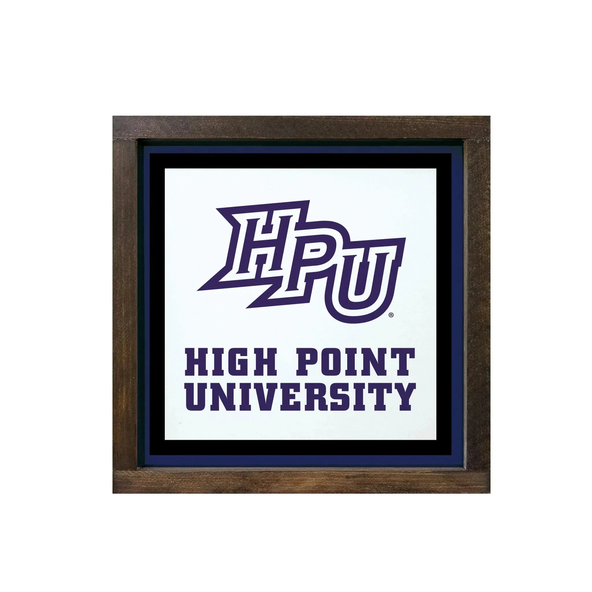 HPU High Point University 12x12 Wood Framed Sign Purple Walnut Stain Wall Art & Signs