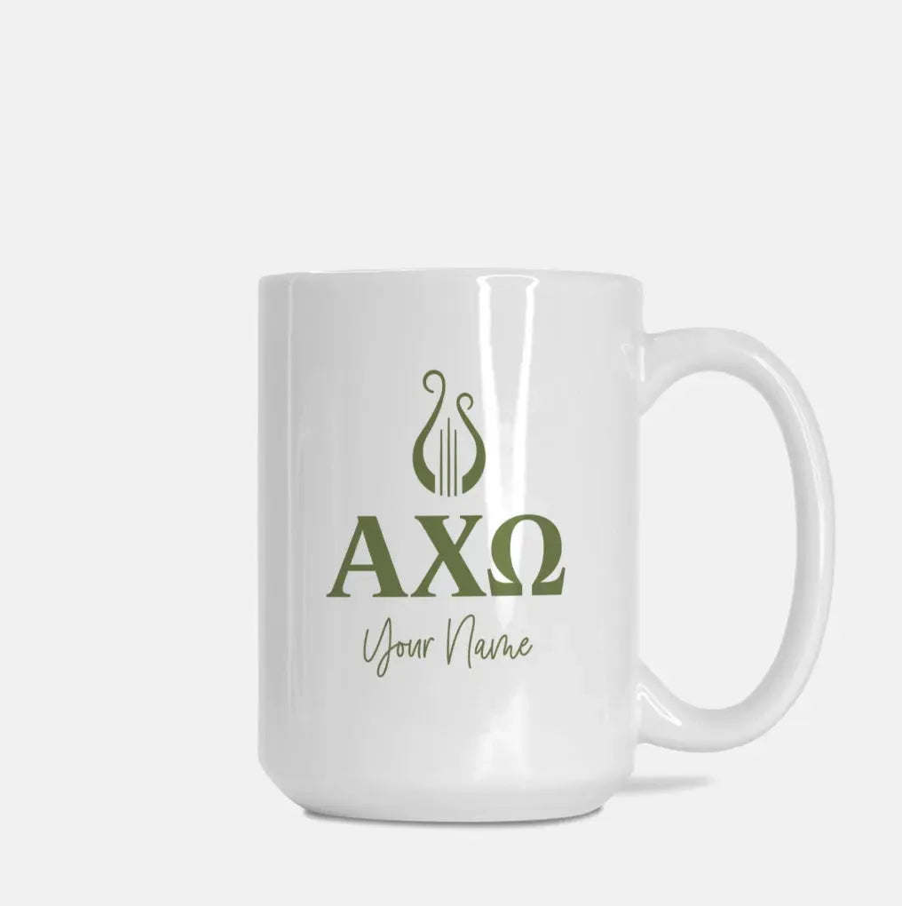 Alpha Chi Omega Personalized Mug Deluxe 15 oz. - Greek Letters Olive Drinkware