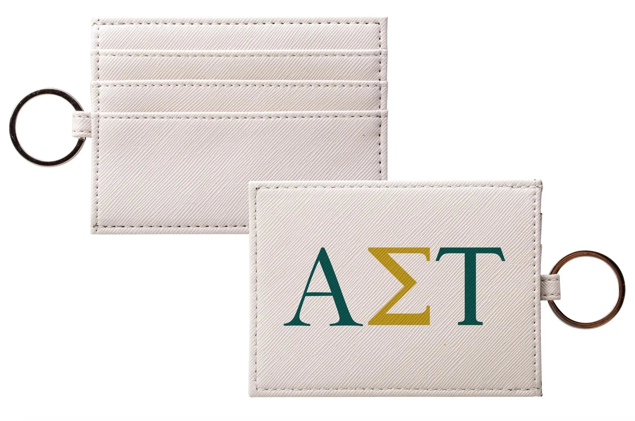 Alpha Sigma Tau Vegan Saffiano Leather Card Holder - Greek Letters Emerald Gold Travel Wallet