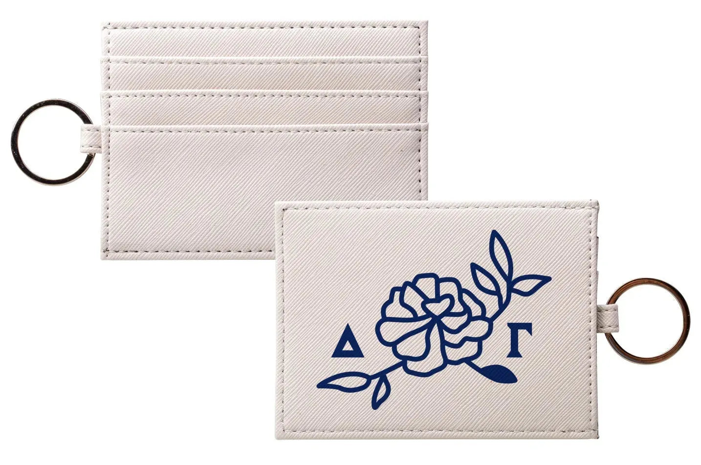 Delta Gamma Vegan Saffiano Leather Keychain Card Holder - Rose Icon Navy Travel Wallet