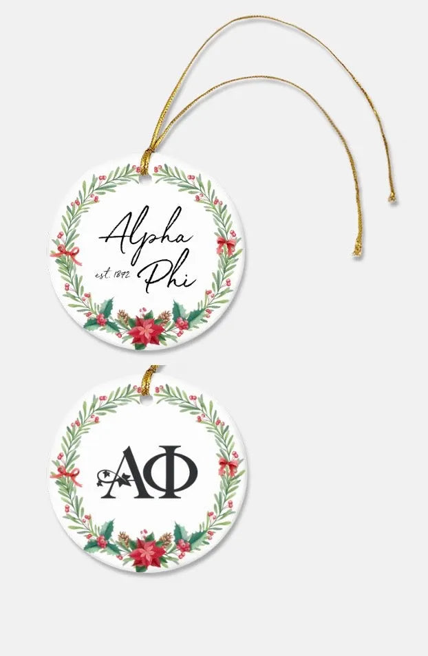 Alpha Phi Ornament - Poinsettia Wreath Ceramic - Set of 2