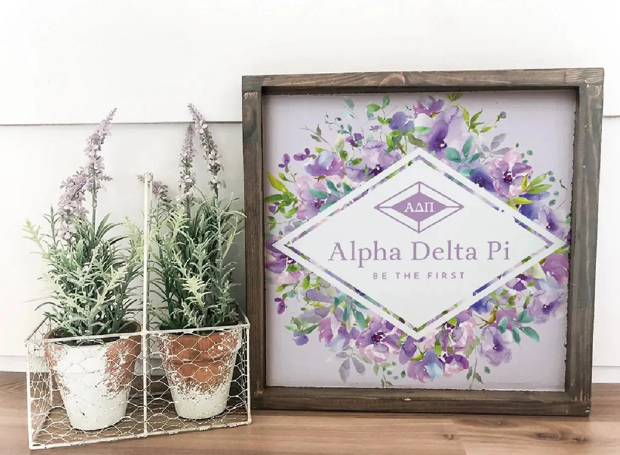 Alpha Delta Pi 12x12 Wood Framed Sign - Purple Floral Diamond Frame Wall Art & Signs