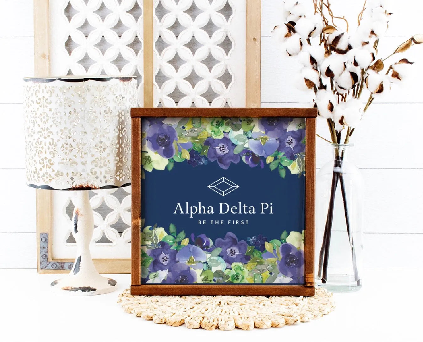 Alpha Delta Pi 12x12 Wood Framed Sign - Violet Floral Frame | Custom Wall Art