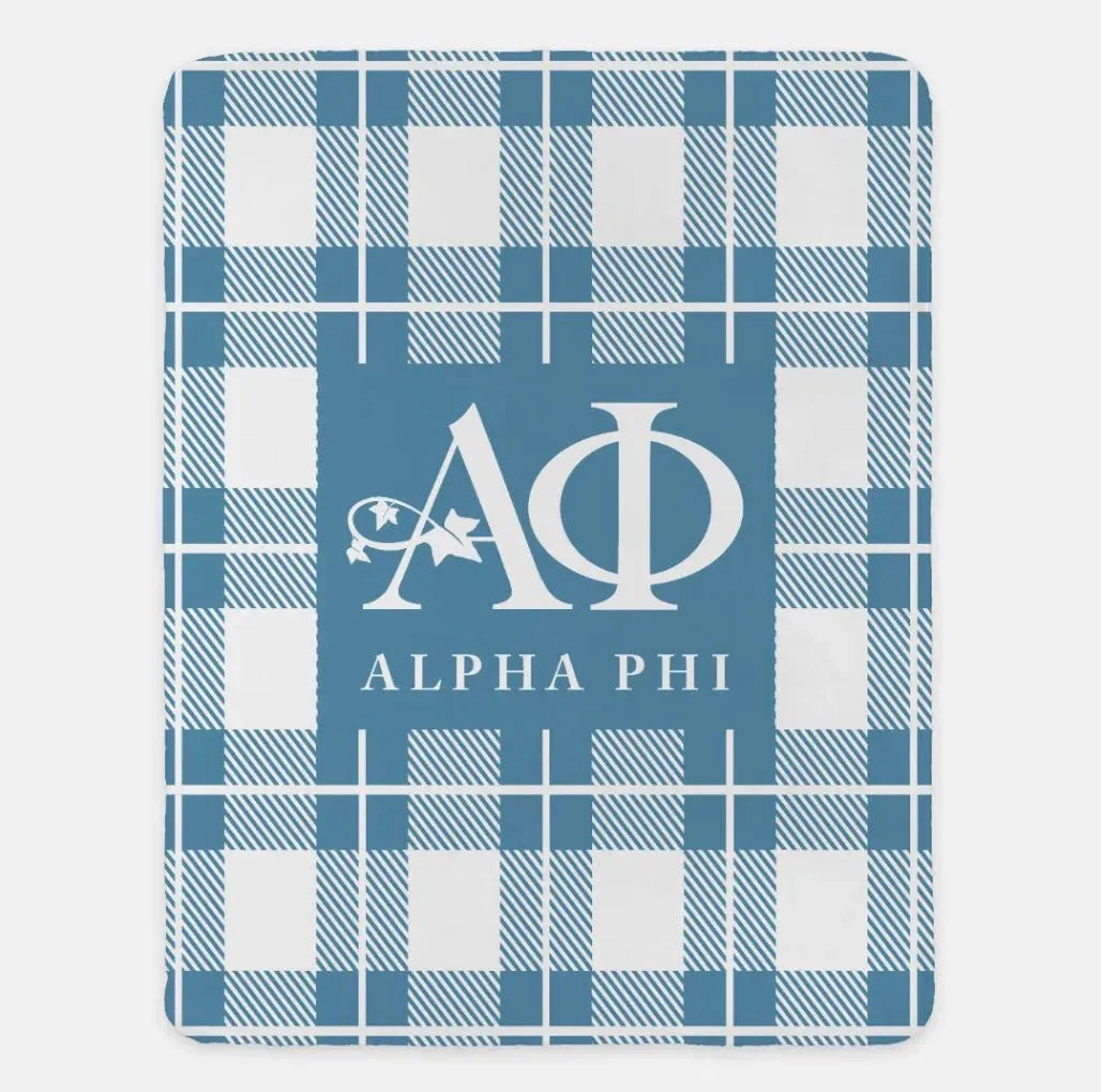 Alpha Phi XL 60x80 Plaid Sherpa Blanket Steel Blue Throw Blankets