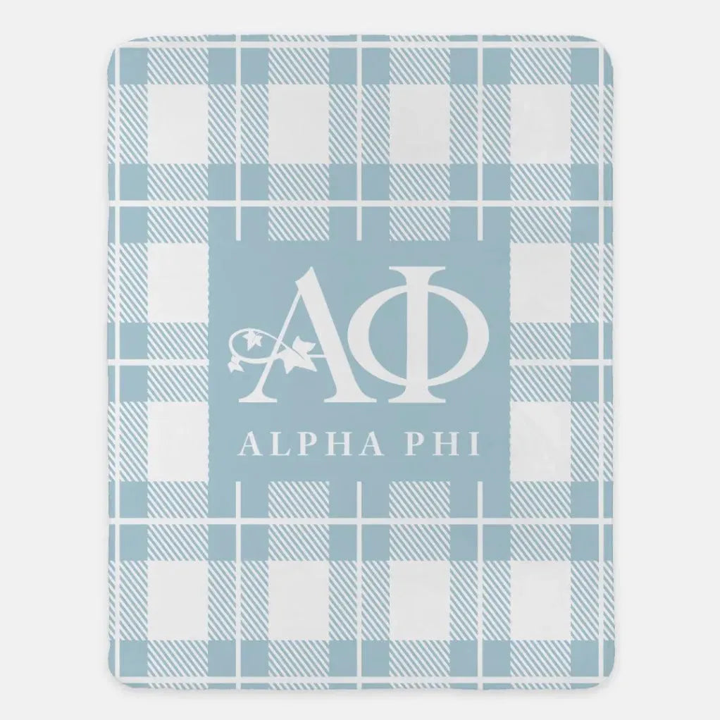 Alpha Phi XL 60x80 Plaid Sherpa Blanket Powder Blue Throw Blankets