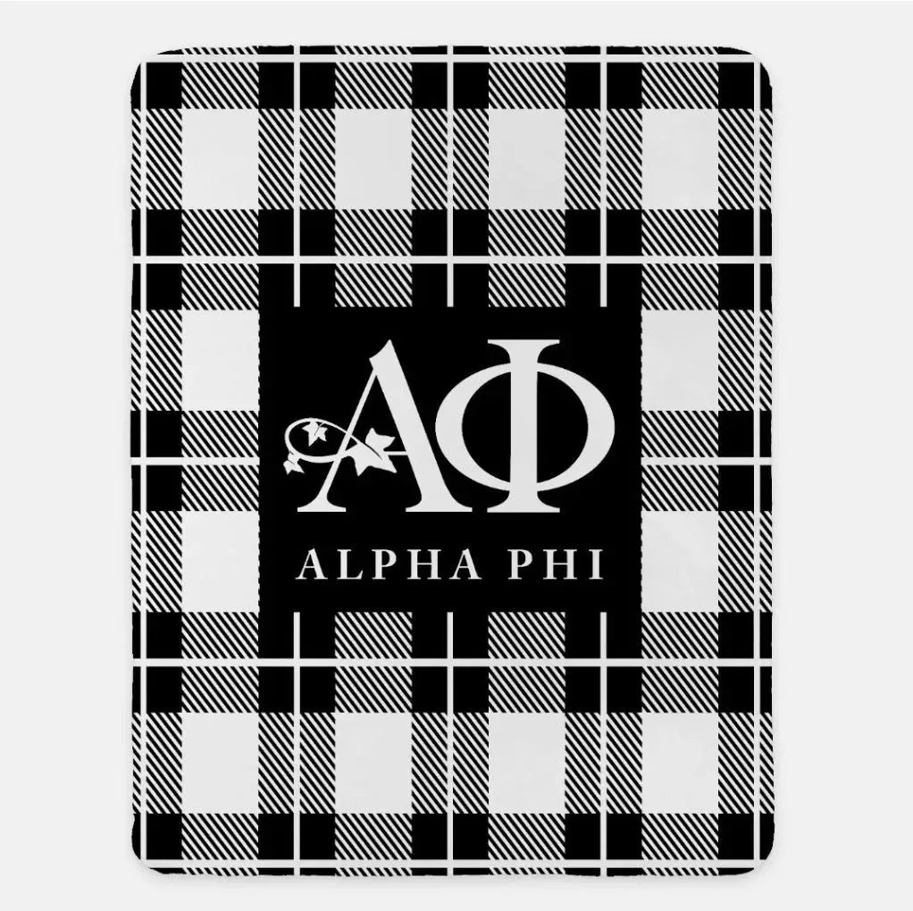 Alpha Phi XL 60x80 Plaid Sherpa Blanket Black Throw Blankets