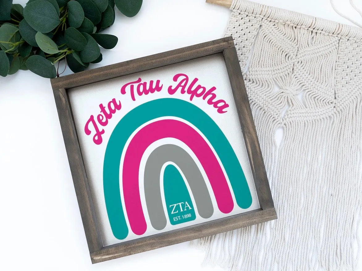 Zeta Tau Alpha Wood Framed Sign 12x12 - Rainbow | ZTA Wall Art | Gifts