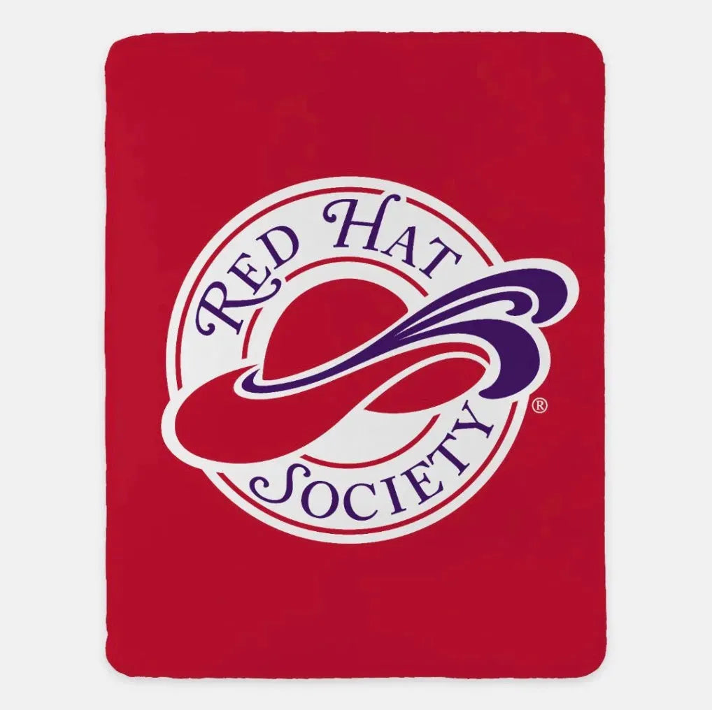 Red Hat Society Sherpa Blanket - Large Logo Red Throw Blankets