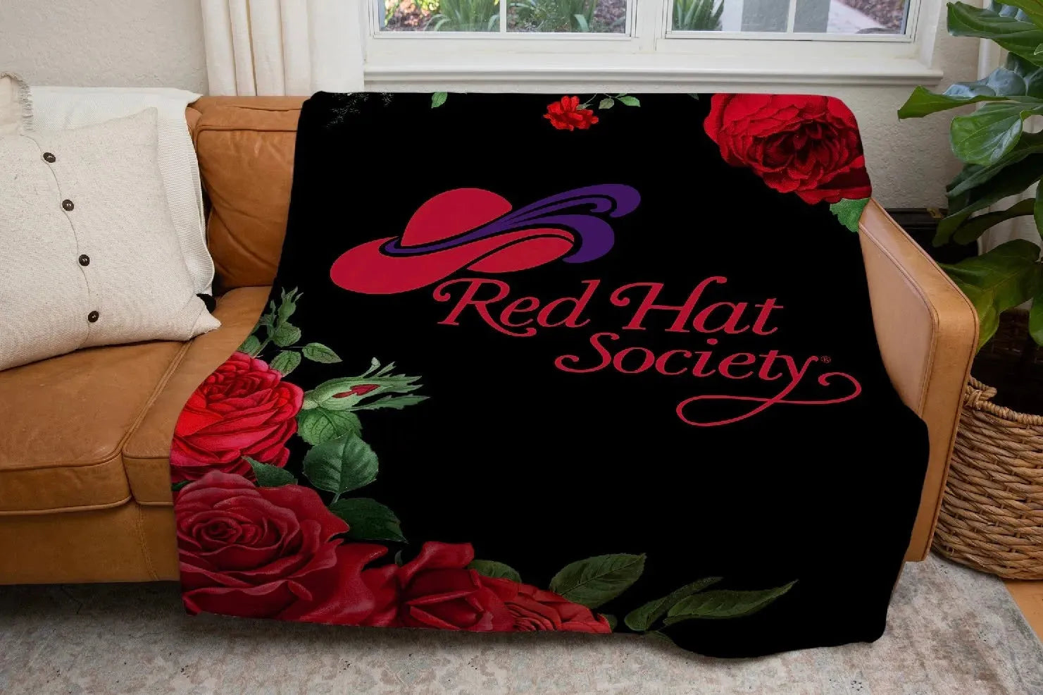 Red Hat Society Sherpa Blanket - Red Roses -60"x80" Throw Blankets