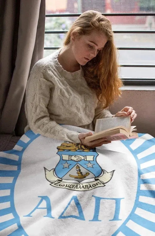 Alpha Delta Pi XL 60x80 Sherpa Throw Blanket - Aldephean Blue Starburst Crest Throw Blankets