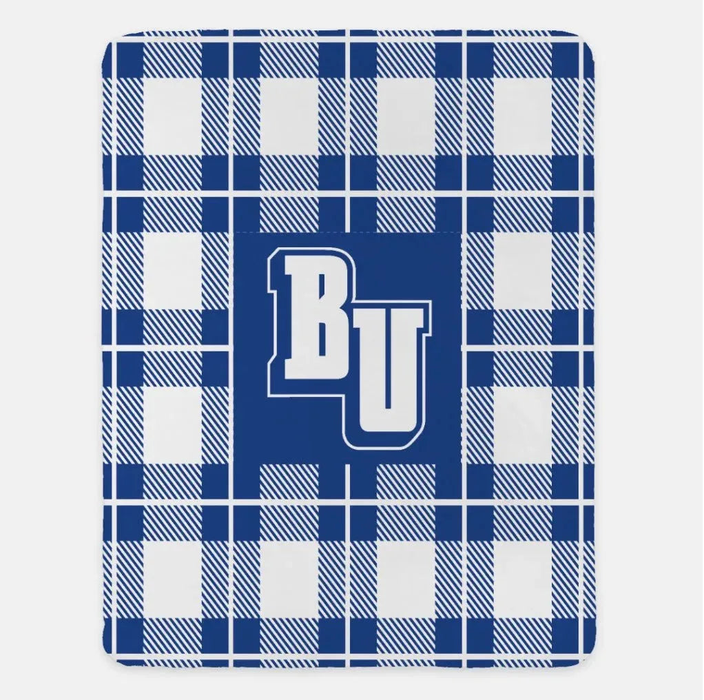 Belmont University Sherpa Blanket - BU Plaid XL 60"x80" Fountain Blue Throw Blankets