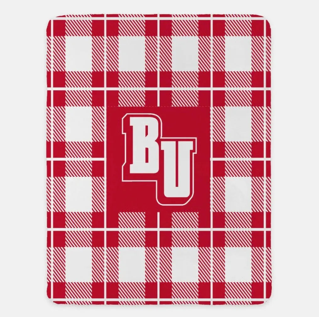 Belmont University Sherpa Blanket - BU Plaid XL 60"x80" Red Throw Blankets