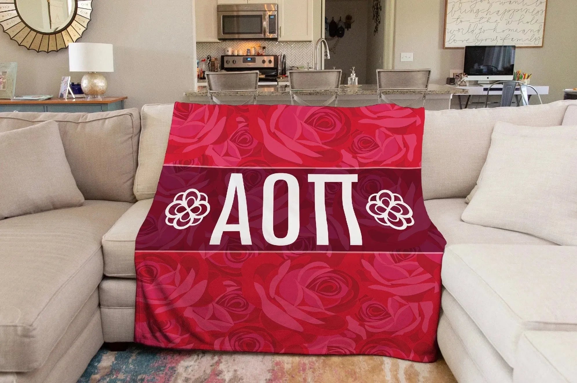 Alpha Omicron Pi XL 60x80 Sherpa Throw Blanket - Rose Pattern Throw Blankets