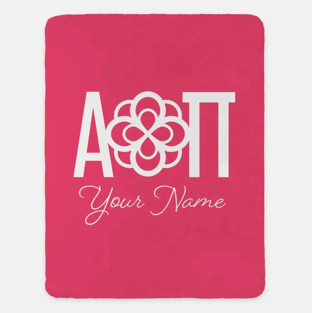Personalized Alpha Omicron Pi XL 60x80 Sherpa Blanket - Greek Letters Pink Throw Blankets