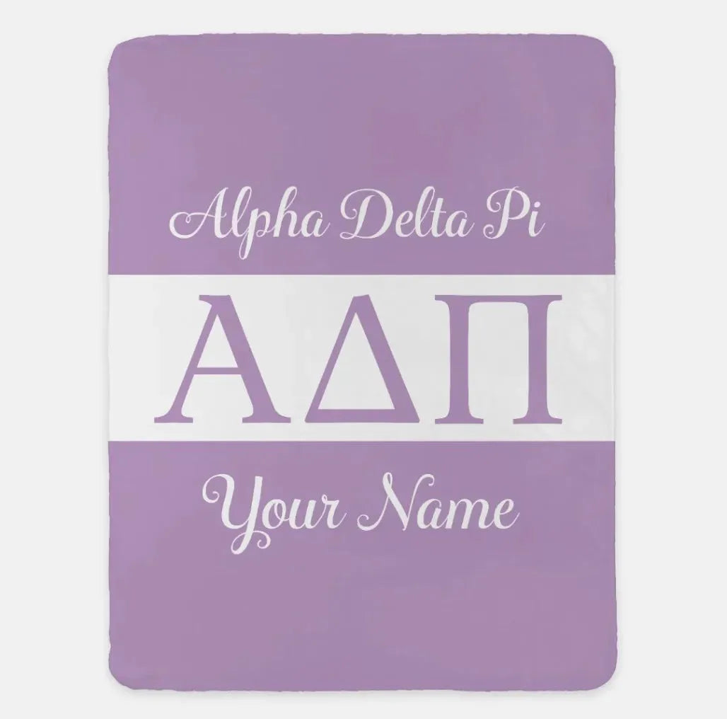 Personalized Alpha Delta Pi XL 60x80 Sherpa Throw Blanket - Greek Letters Violet Throw Blankets