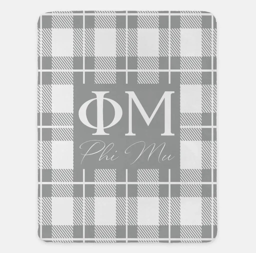 Phi Mu Plaid XL 60x80 Sherpa Throw Blanket Light Gray Throw Blankets