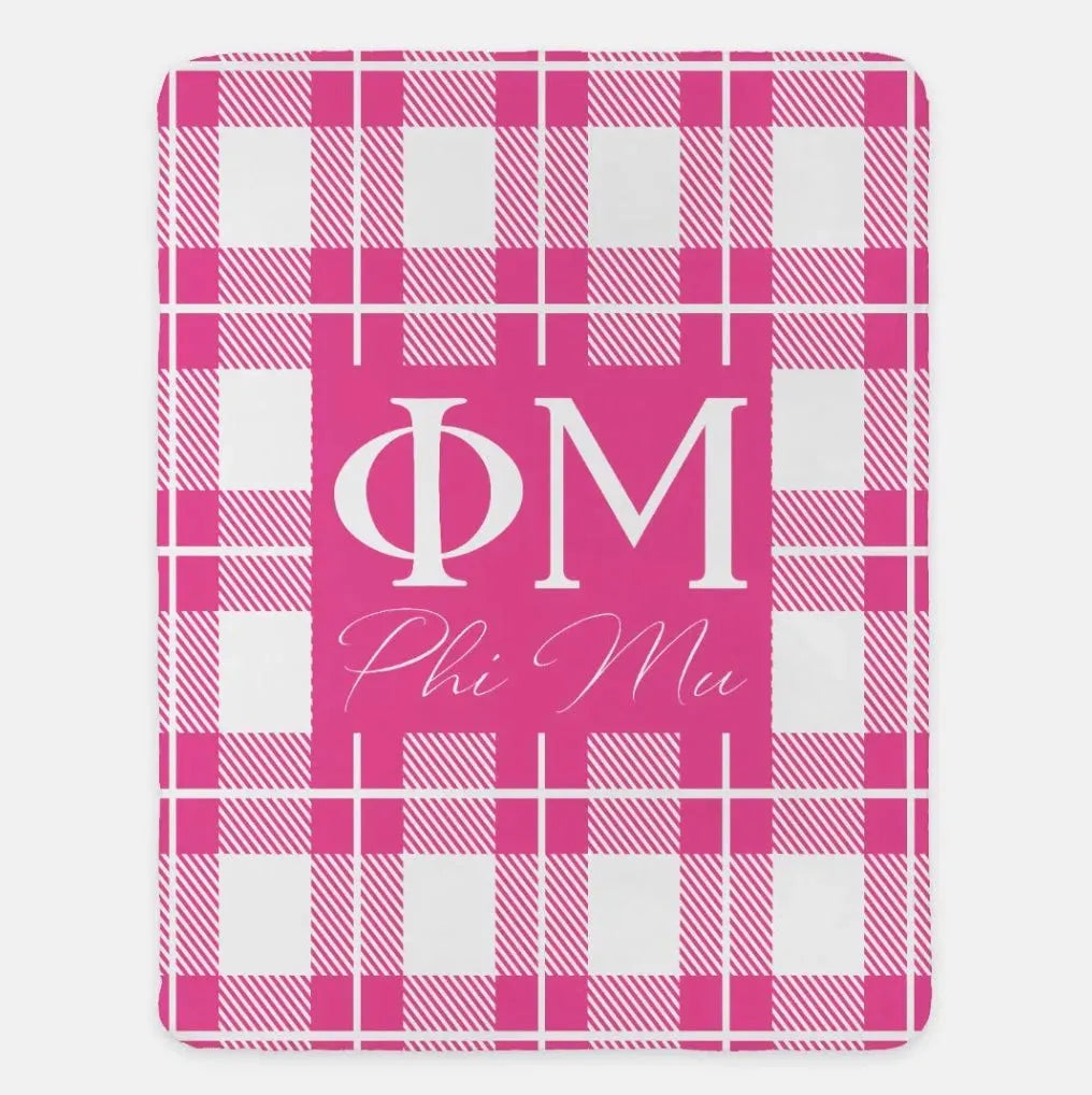 Phi Mu Plaid XL 60x80 Sherpa Throw Blanket Pink Throw Blankets