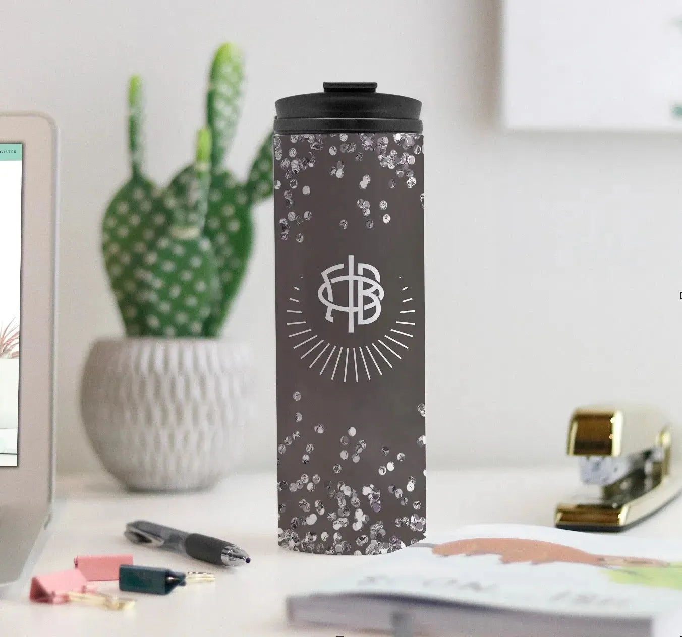 Gamma Phi Beta Thermal Tumbler 16 oz. - Brownstone Glitter Drinkware