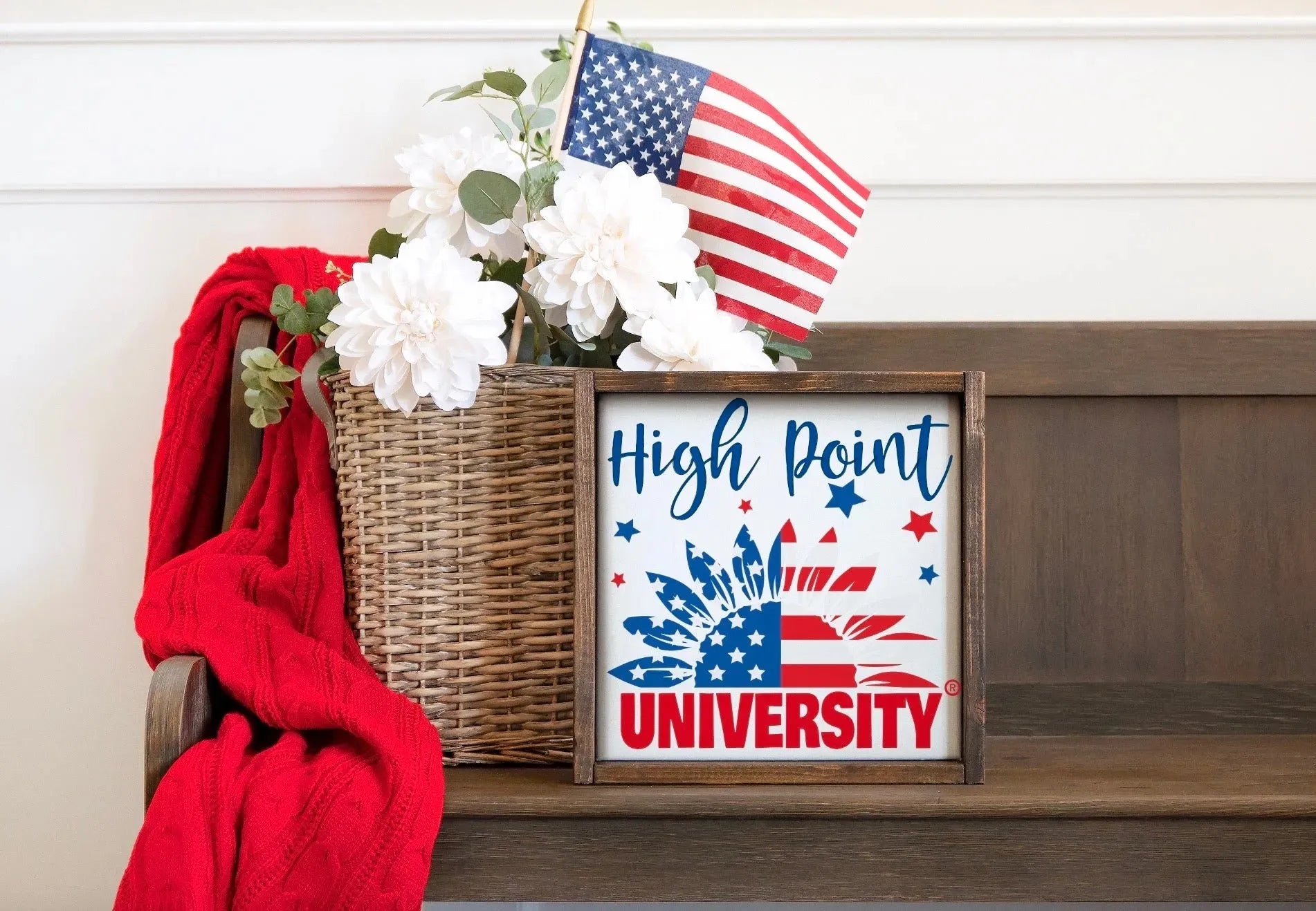 High Point University 12x12 Wood Framed Sign - American Flag Sunflower Wall Art & Signs