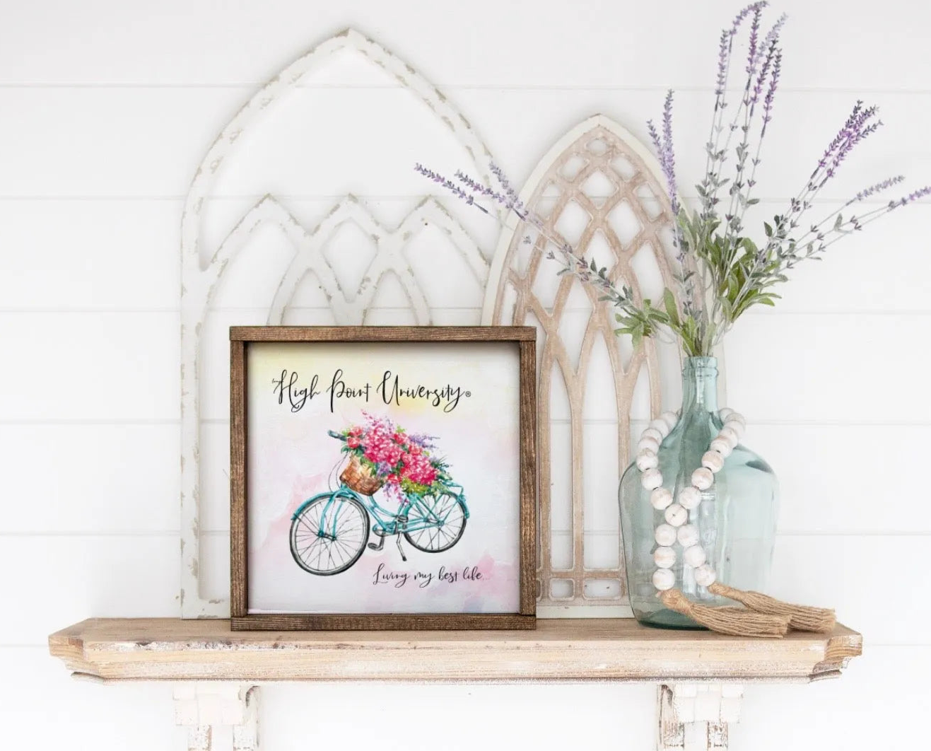 High Point University 12x12 Wood Framed Sign - Floral Bike | HPU Decor | Campus Greek Fit