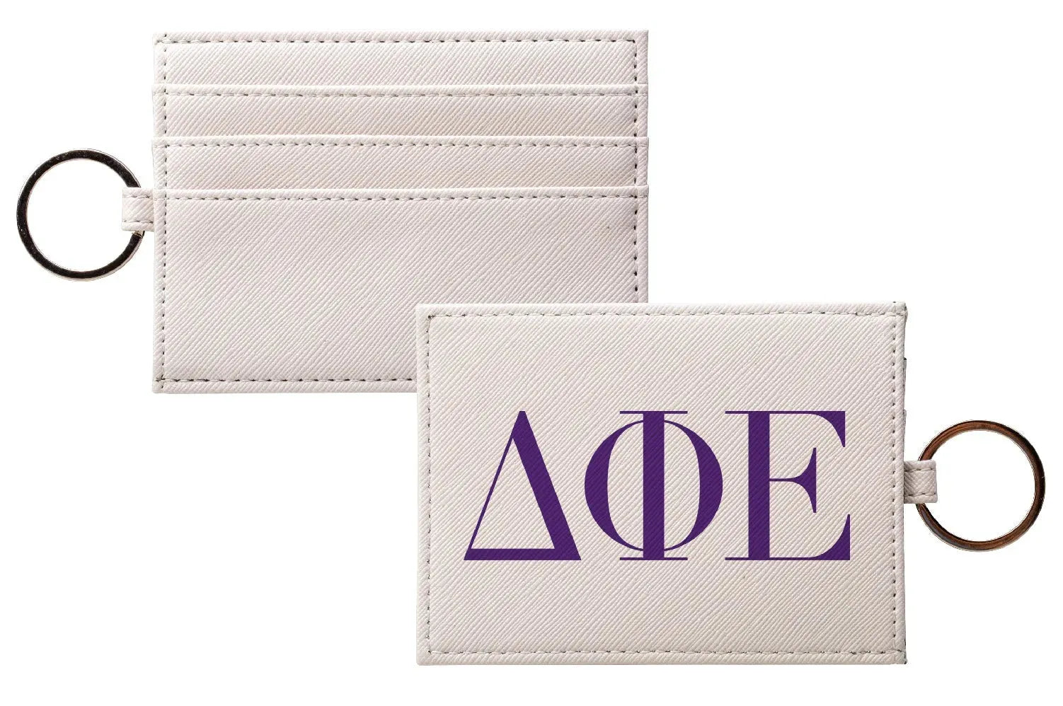 Delta Phi Epsilon Vegan Saffiano Leather Keychain Cardholder - Greek Letters Purple Travel Wallet