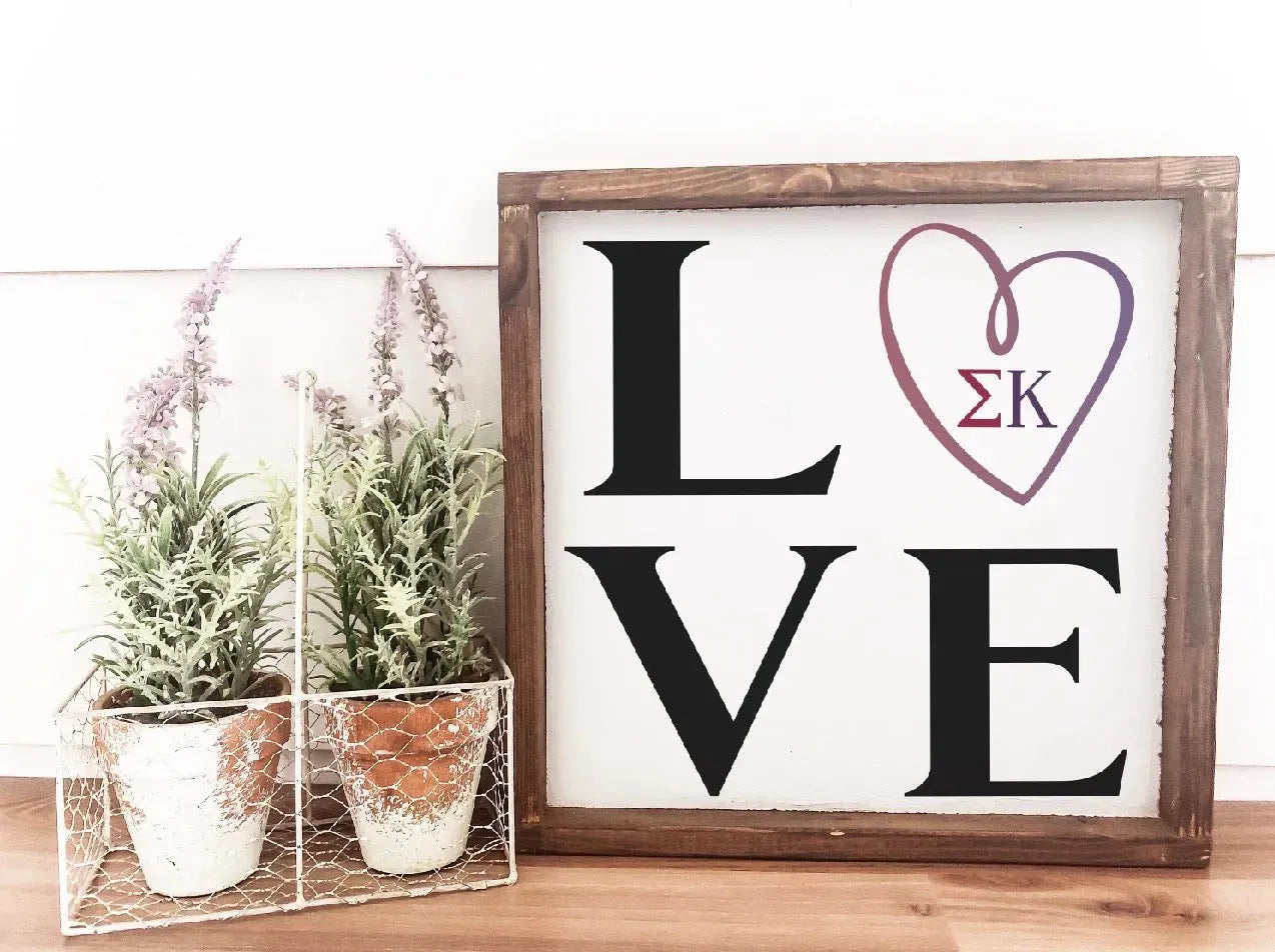 Sigma Kappa 12x12 Wood Framed Sign - "LOVE" Greek Letters Wall Art & Signs