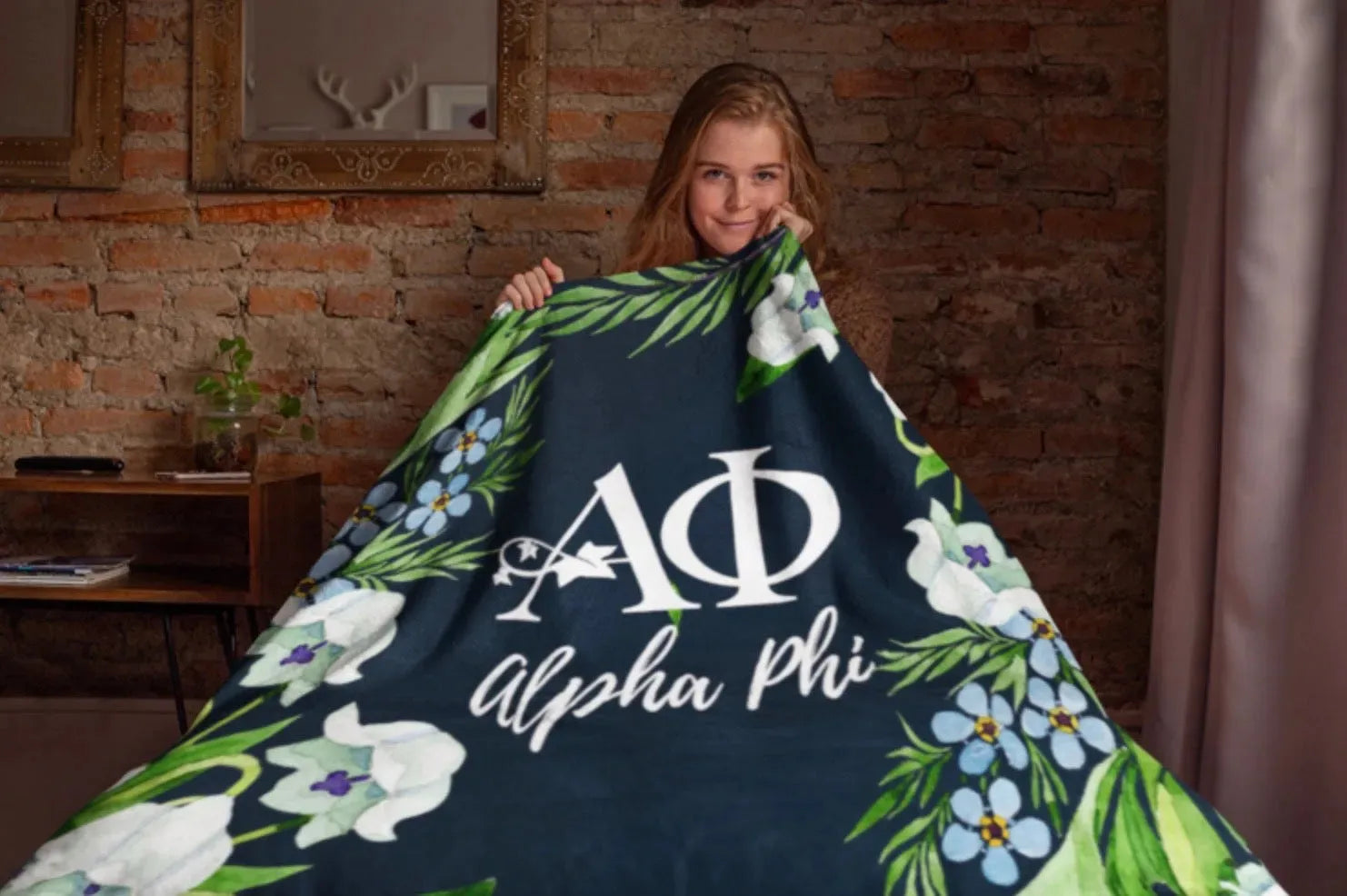 Alpha Phi XL 60x80 Sherpa Blanket - Lily Frame Throw Blankets