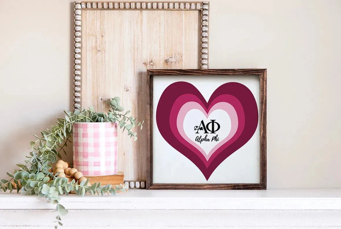 Alpha Phi 12x12 Layered Heart Wood Framed Sign Wall Art & Signs