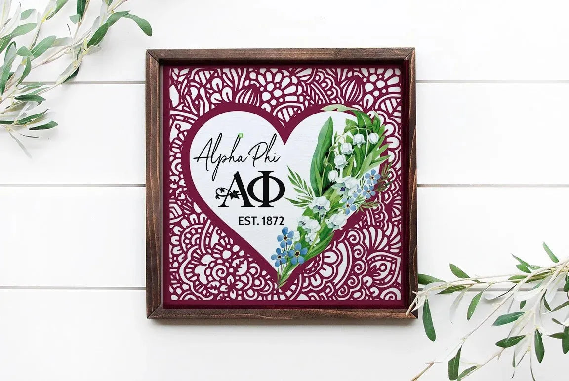 Alpha Phi 12x12 Mandala Heart Lily Wood Framed Framed Sign Wall Art & Signs