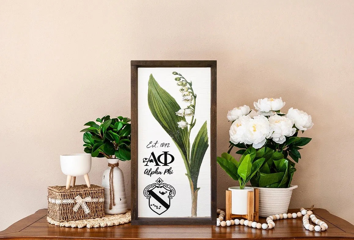 Alpha Phi Large 12x24 Lily of the Valley Wood Framed Sign | APhi Decor | Campus Greek Fit