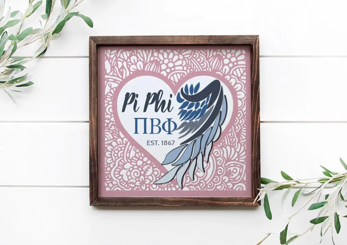 Pi Beta Phi 12x12 Mandala Heart Angel Wing Wood Framed Sign Wall Art & Signs