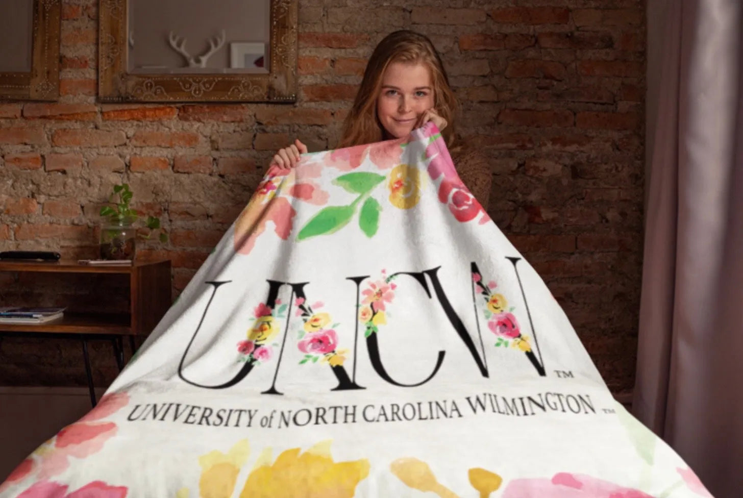 UNCW Floral Monogram Sherpa Blanket - 60" x 80" | UNCW Gifts and Merchandise | Festive Fit Home