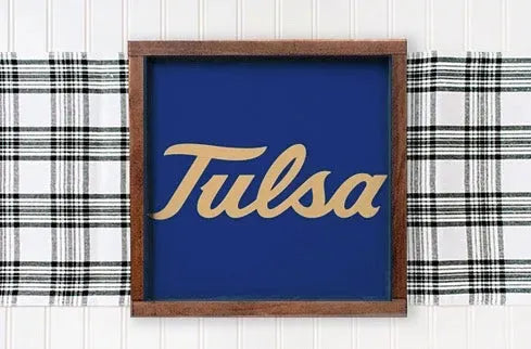 University of Tulsa 12x12 Wood Framed Sign - Blue Script Wall Art & Signs