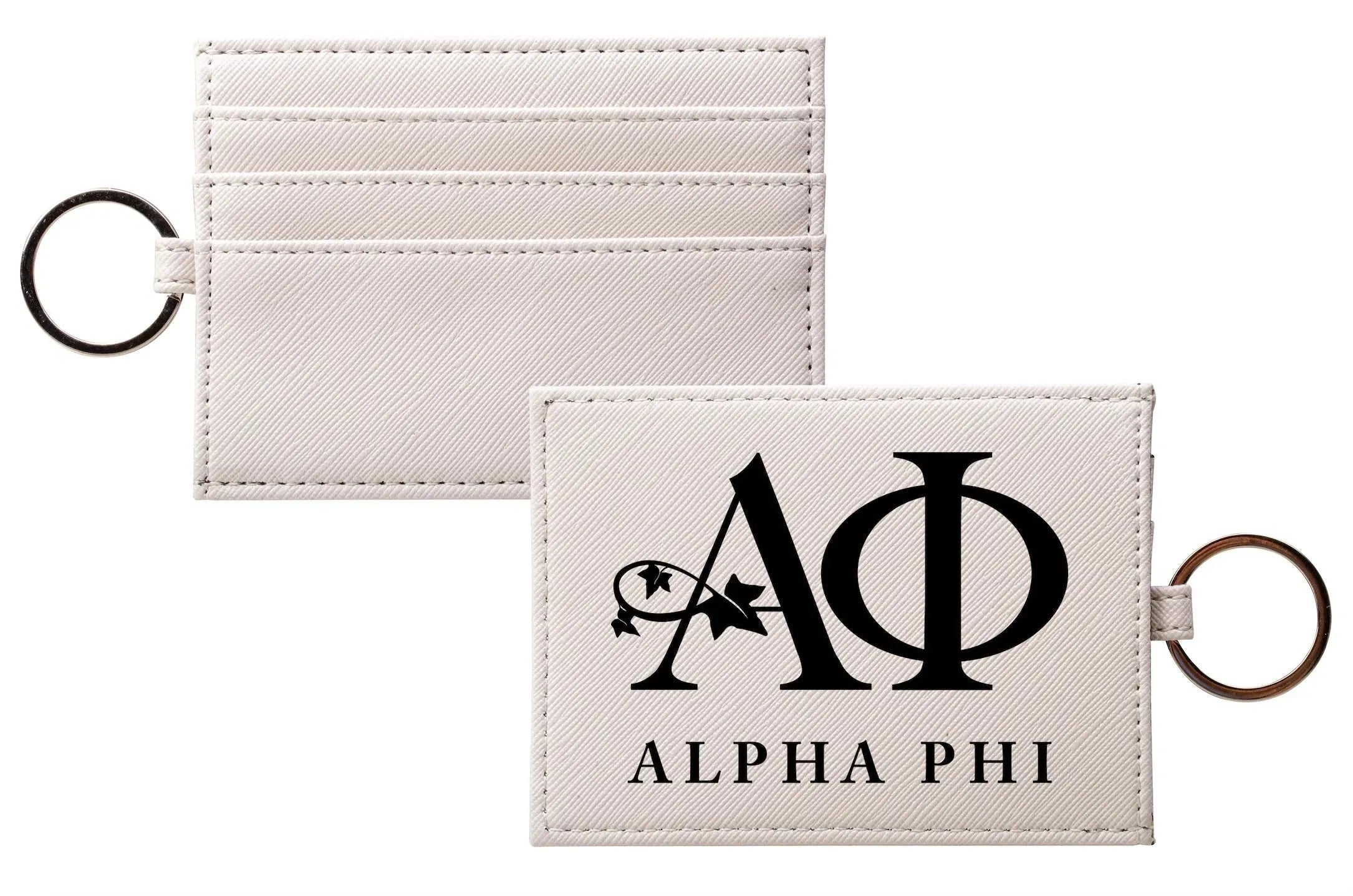 Alpha Phi Traditional Vegan Saffiano Leather Keychain Card Holder Black Travel Wallet