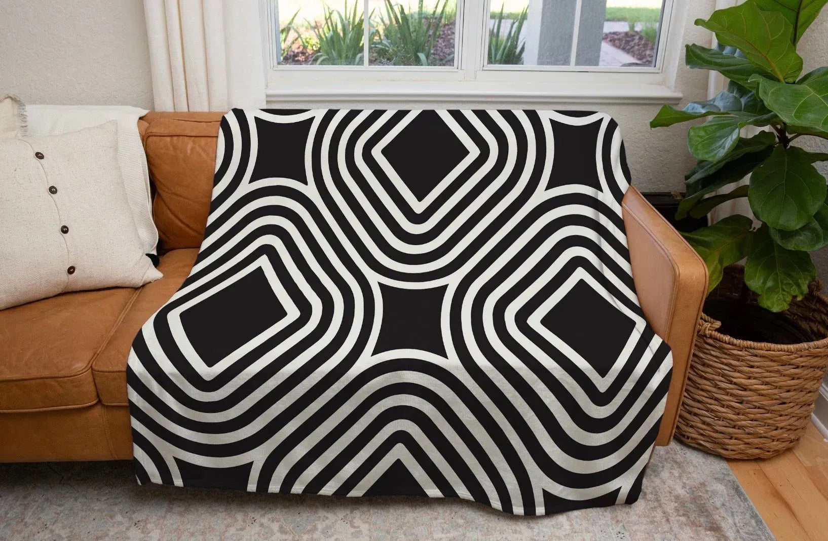 Geometric Black and White XL 60x80 Sherpa Blanket Throw Blankets