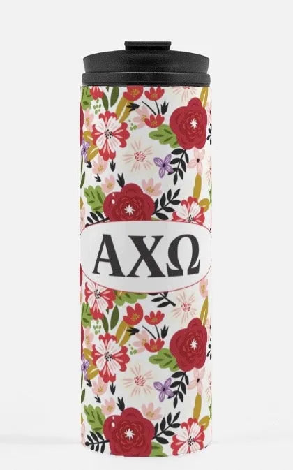 Alpha Chi Omega Thermal Tumbler - Modern Floral Pattern 16 oz. | Gifts and Merchandise | Festive Fit Home