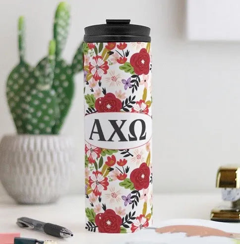 Alpha Chi Omega Thermal Tumbler - Modern Floral Pattern 16 oz. | Gifts and Merchandise | Festive Fit Home