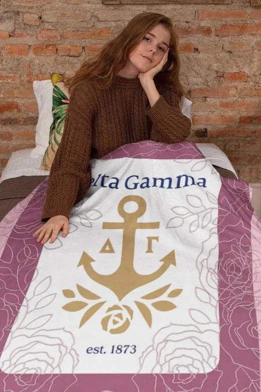 Delta Gamma XL 60x80 Sherpa Throw Blanket - Pink Floral Band Throw Blankets