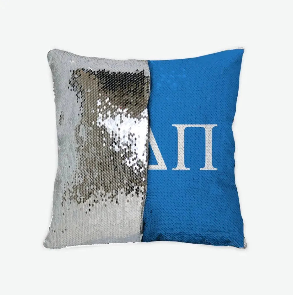 Alpha Delta Pi Sequin Pillow Cover - Greek Letters Azure Silver Pillow Covers