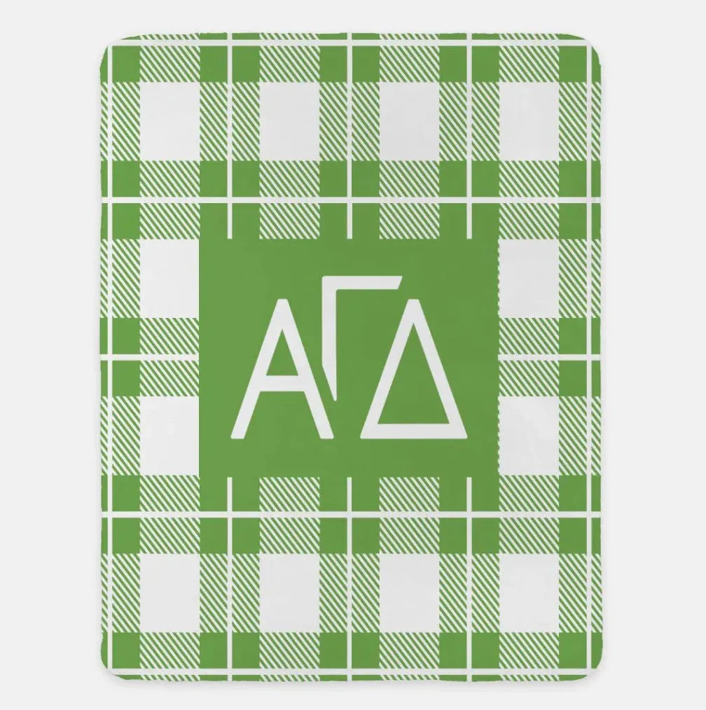 Alpha Gamma Delta XL 60x80 Plaid Sherpa Throw Blanket Green Throw Blankets
