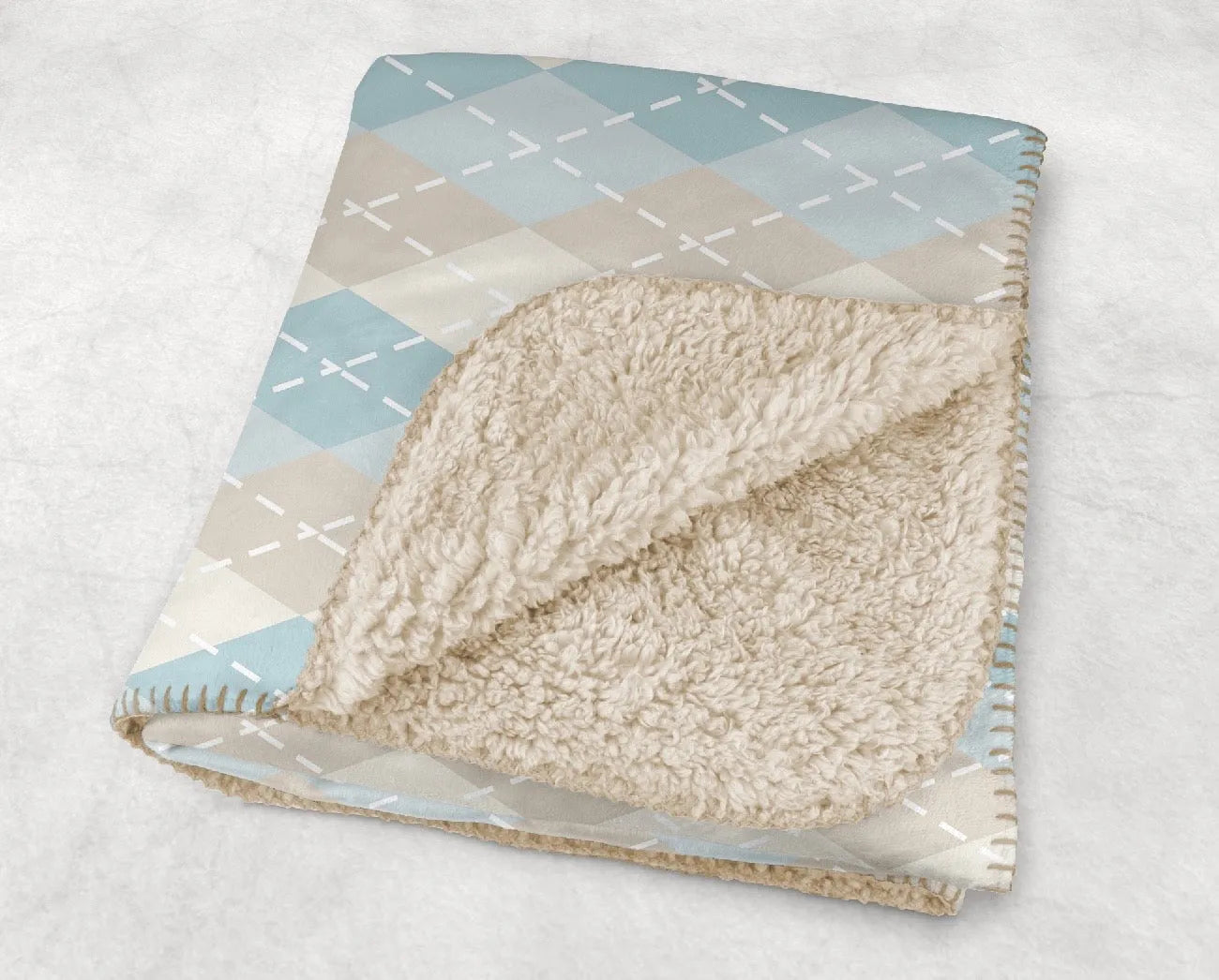 Pale Blue & Beige XL 60x80 Argyle Sherpa Throw Blanket | Dorm Decor