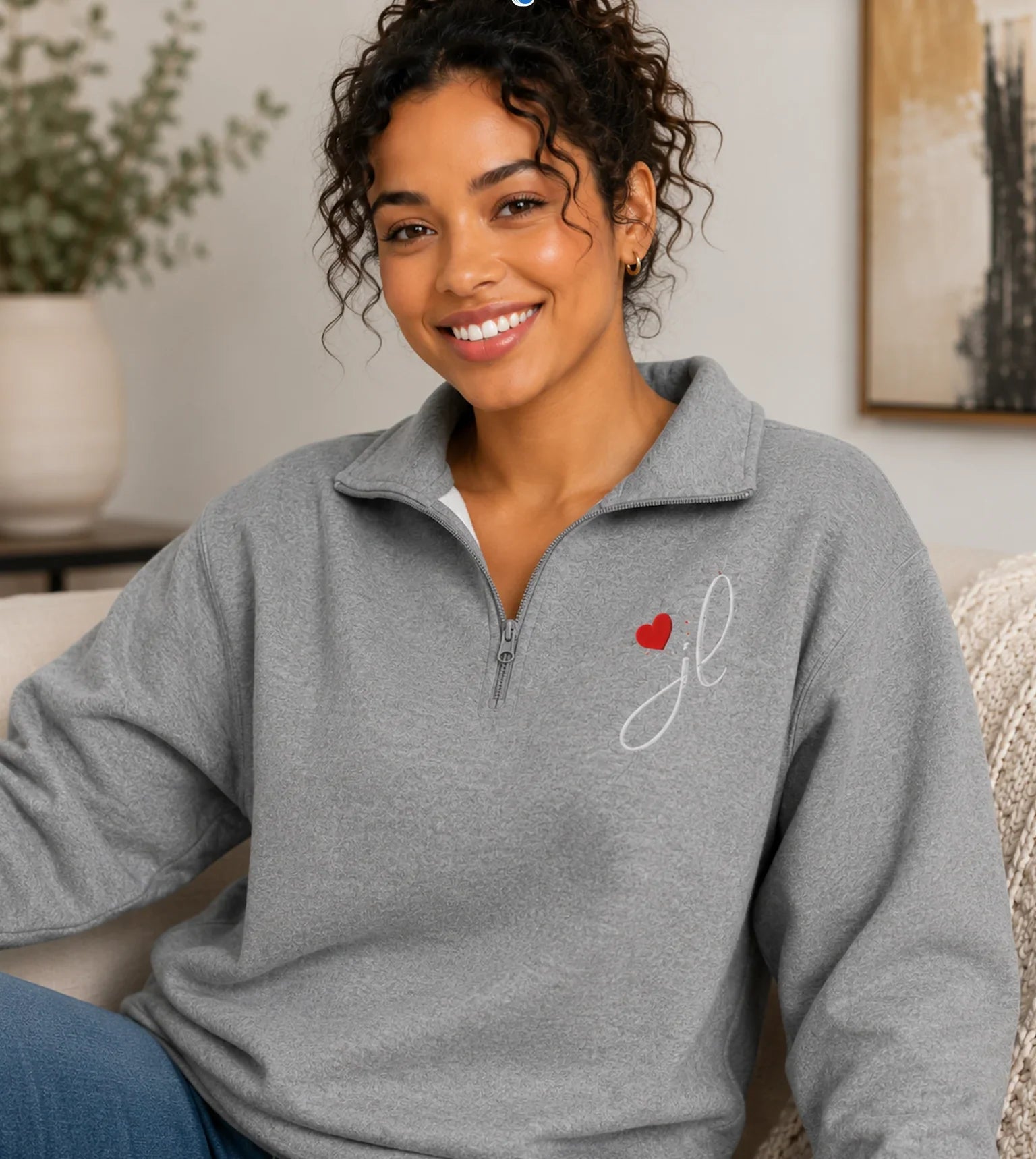 Junior League Embroidered Quarter Zip Pullover Sweatshirt JL Heart