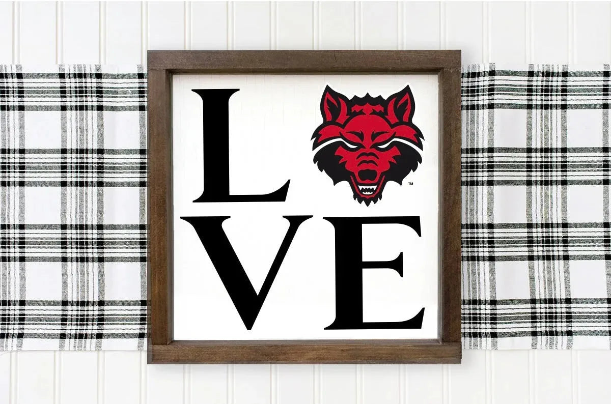 Arkansas State University 12x12 "LOVE" Wood Framed Sign - Wolf Head Wall Art & Signs