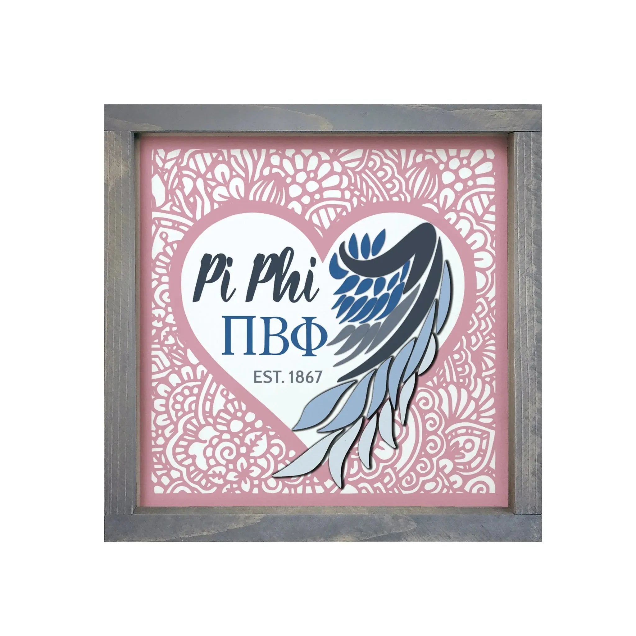Pi Beta Phi 12x12 Mandala Heart Angel Wing Wood Framed Sign Weathered Gray Wall Art & Signs