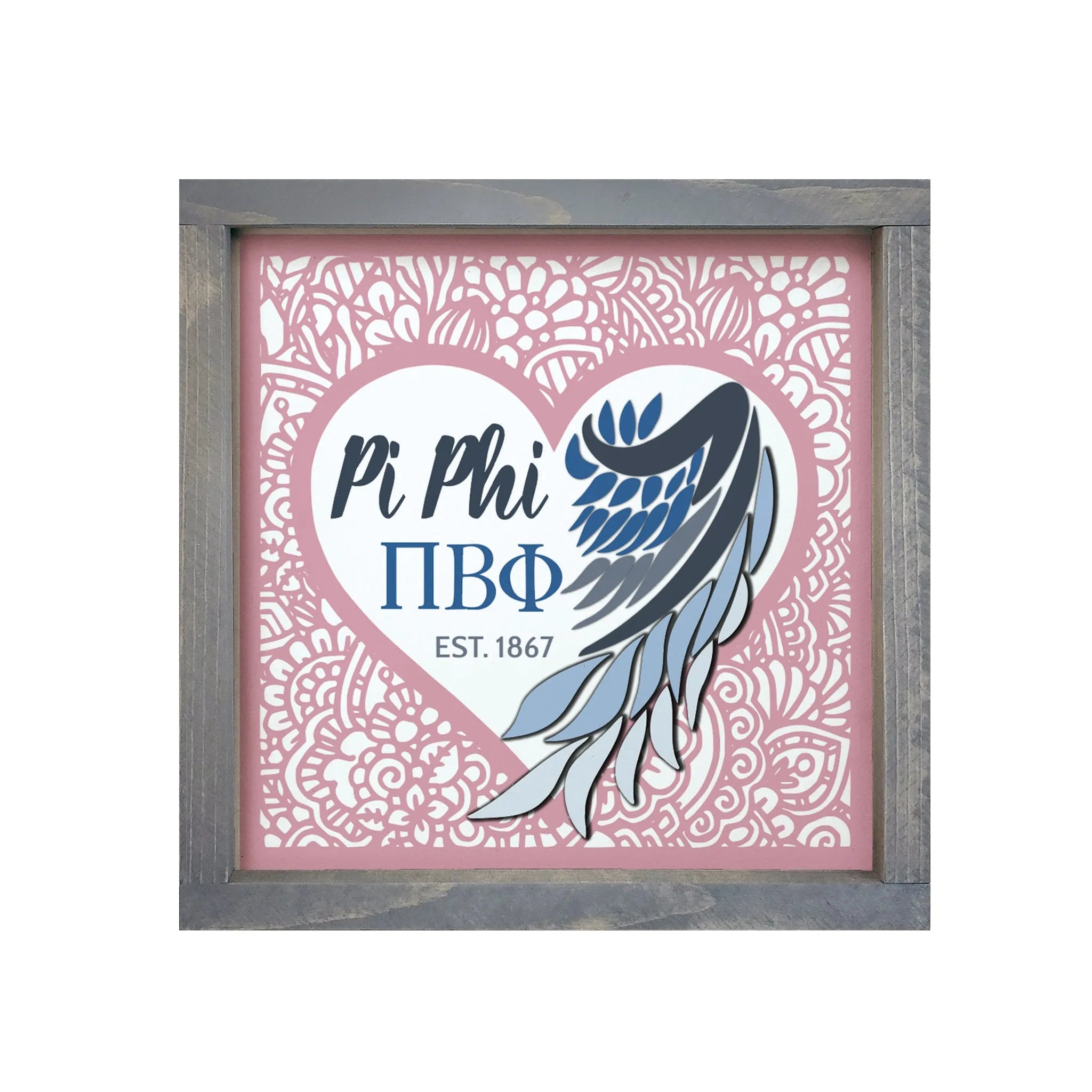 Pi Beta Phi Art - Mandala Heart Angel Wing  Wood Sign 12"x12" | Gifts