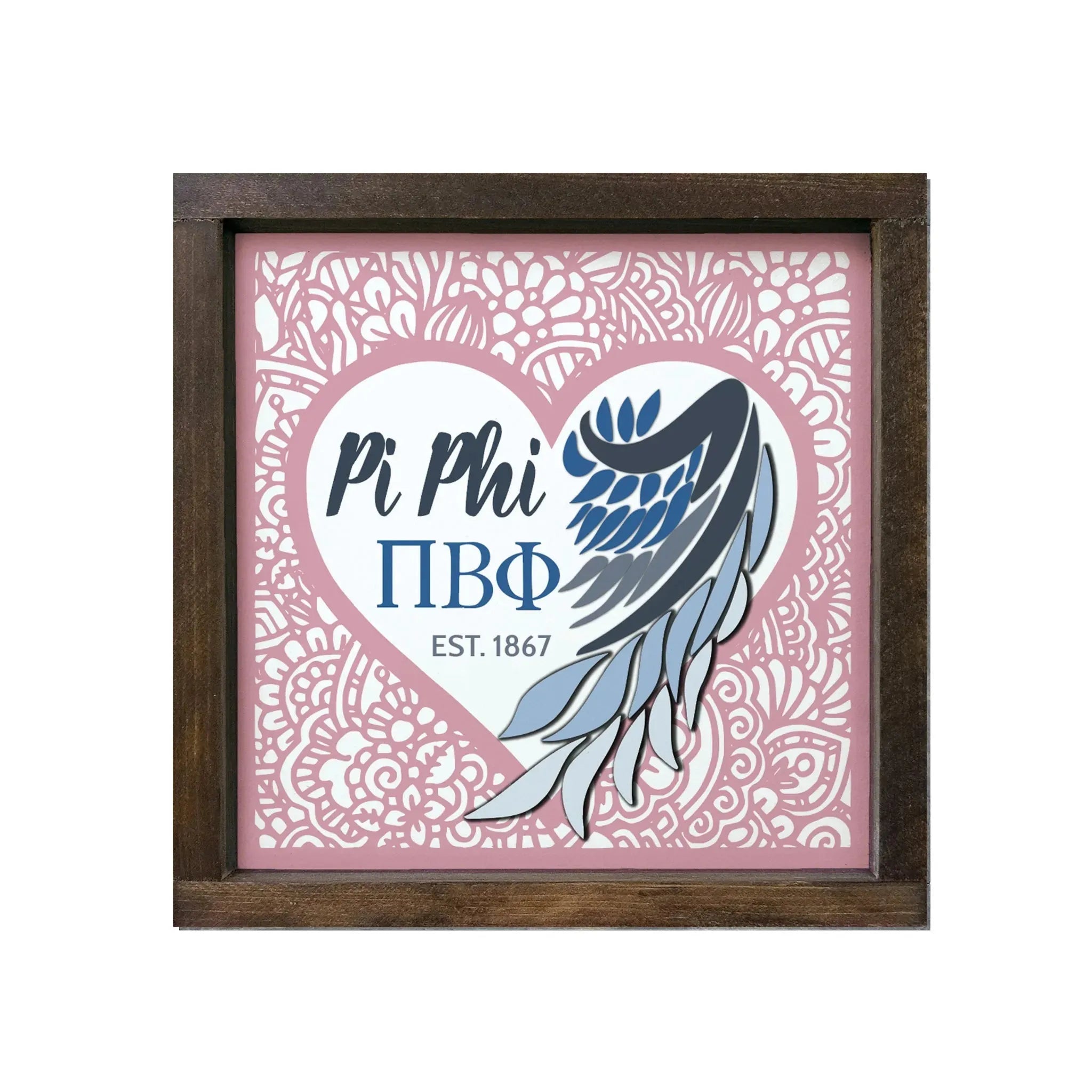 Pi Beta Phi 12x12 Mandala Heart Angel Wing Wood Framed Sign Walnut Stain Wall Art & Signs