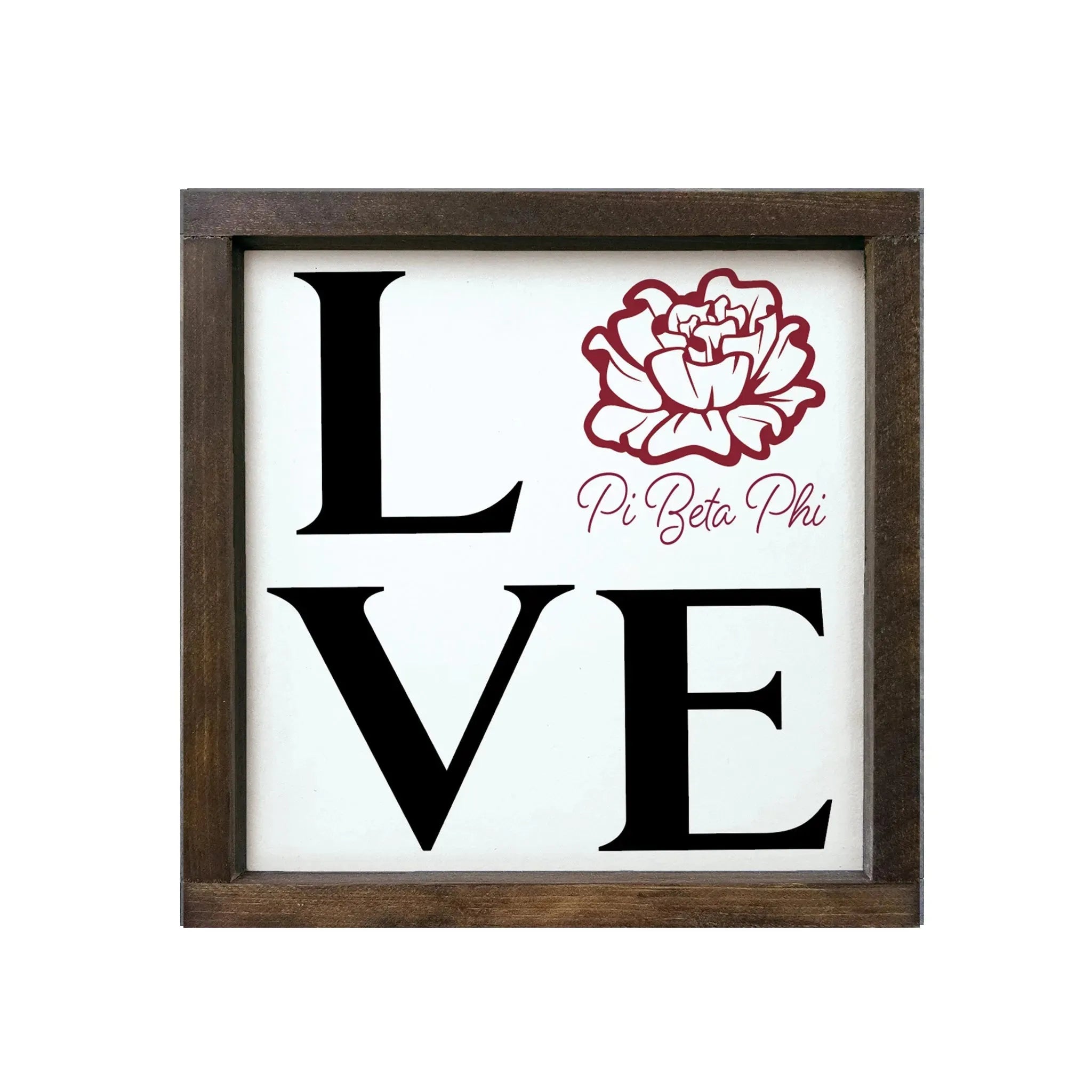 Pi Beta Phi 12x12 "LOVE" Wood Framed Sign Walnut Stain Wall Art & Signs