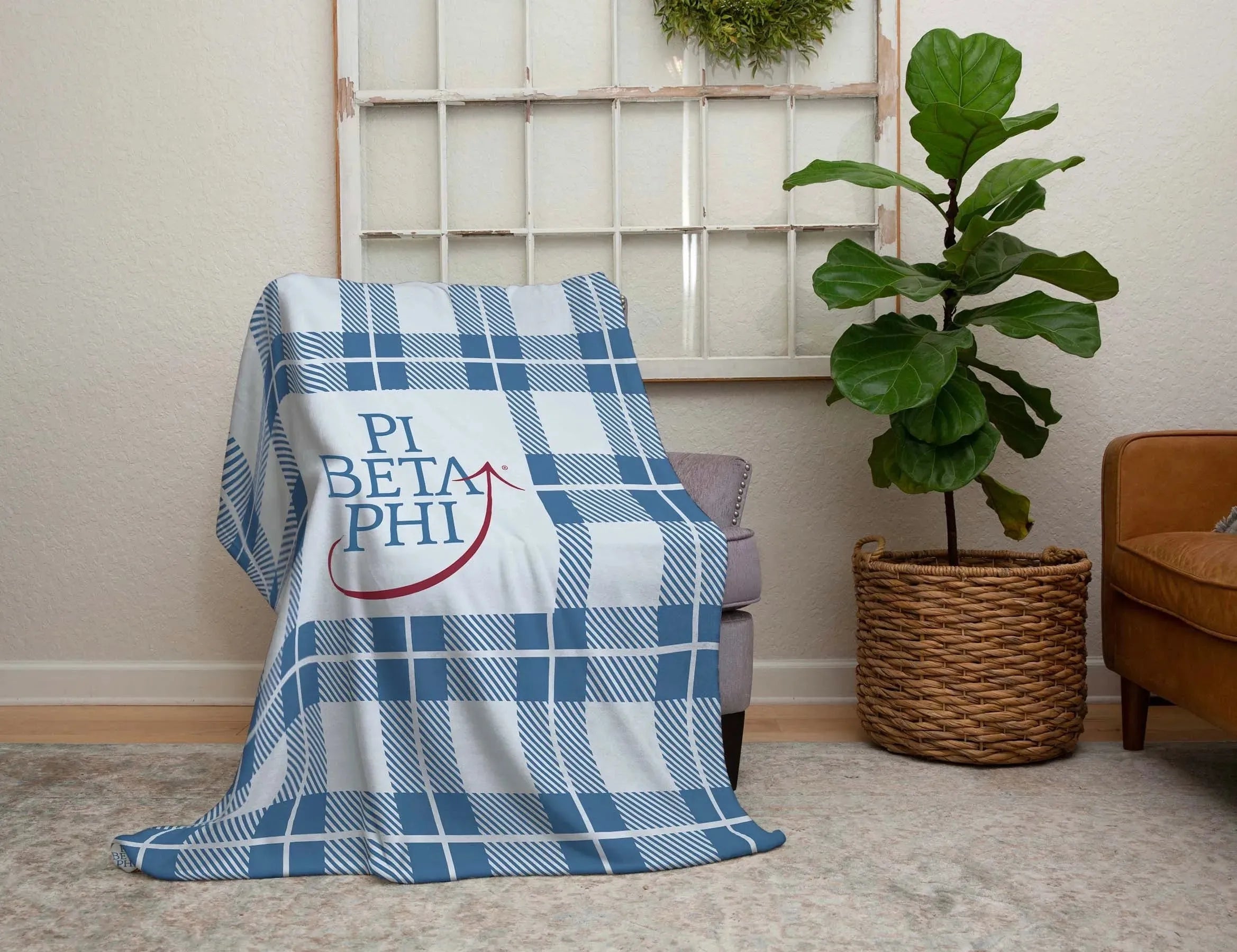 Pi Beta Phi XL 60x80 Sherpa Blanket - Blue Plaid Throw Blankets