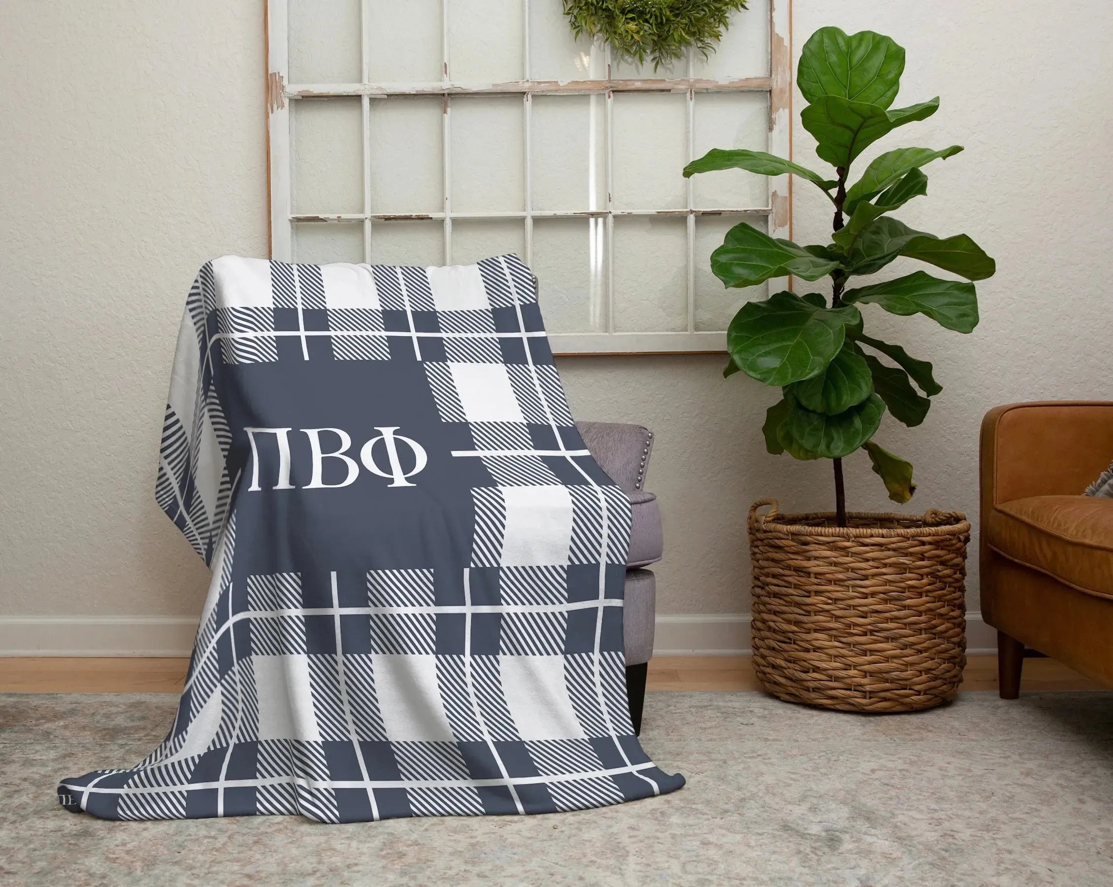 Pi Beta Phi XL 60x80 Sherpa Throw Blanket - Gray Plaid Throw Blankets